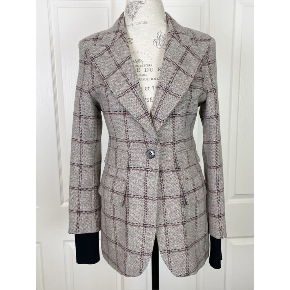 Smythe Birkin Grid Plaid Rib Cuff Blazer Griege Black Wool Blend Sz 8 - Picture 2 of 11